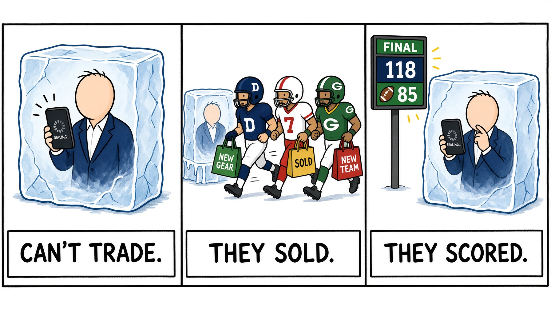 Three-panel strip: a man frozen on a phone, players with shopping bags, a scoreboard at 118 to 85