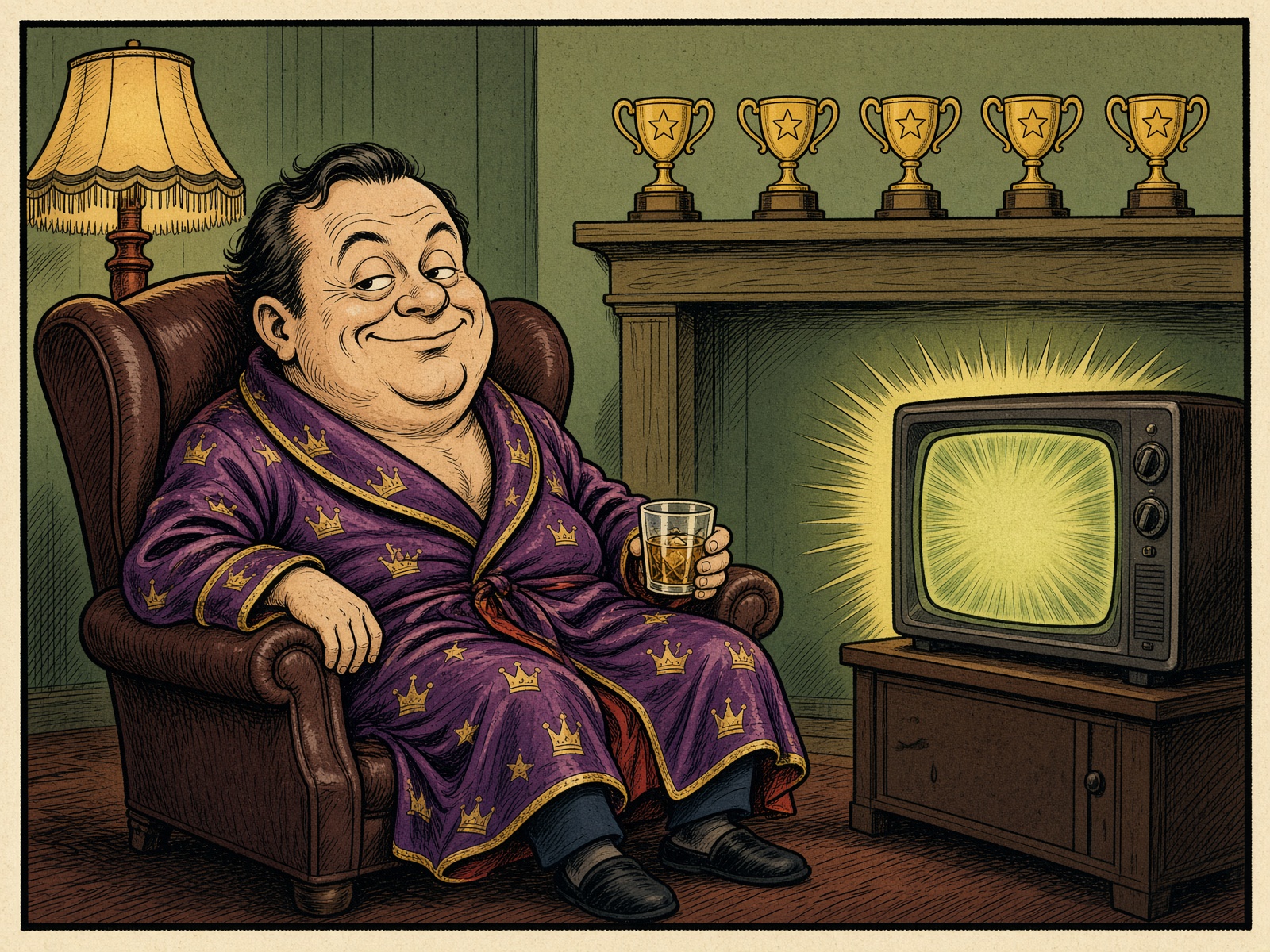 Cartoon of a smug champion in a robe with five cheap trophies watching TV