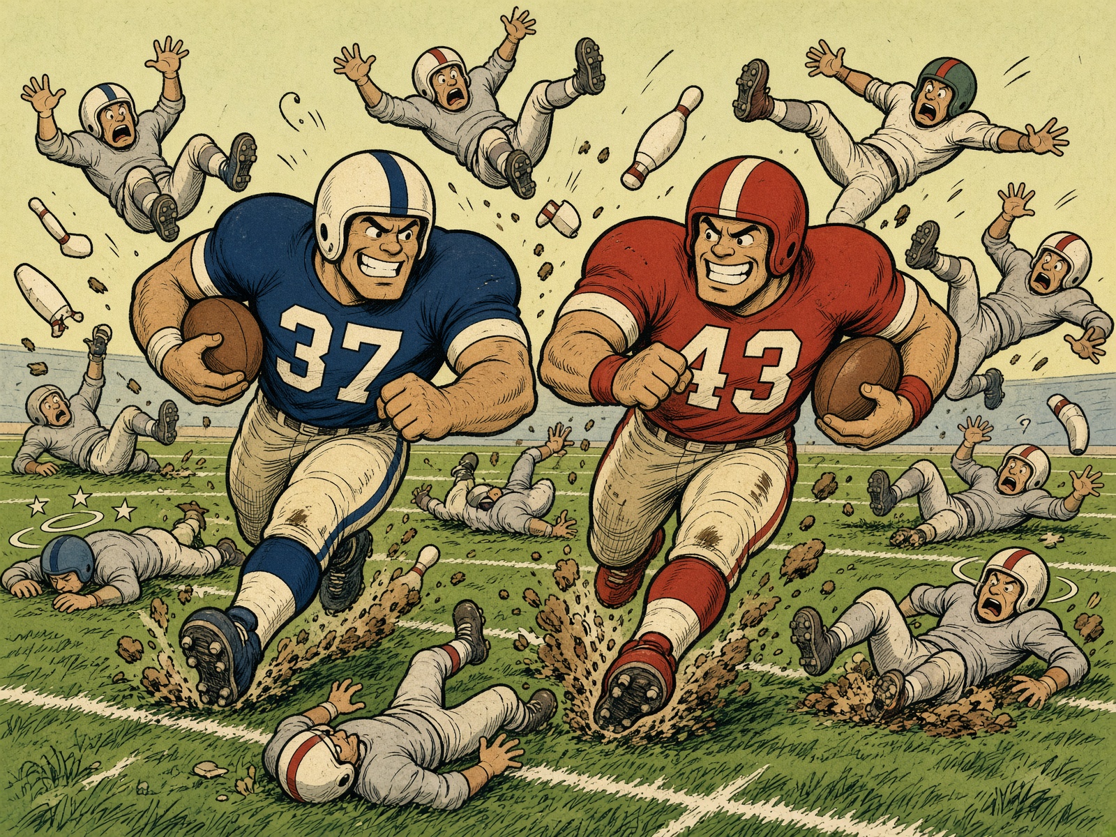 Cartoon of two giant running backs bowling over tiny defenders