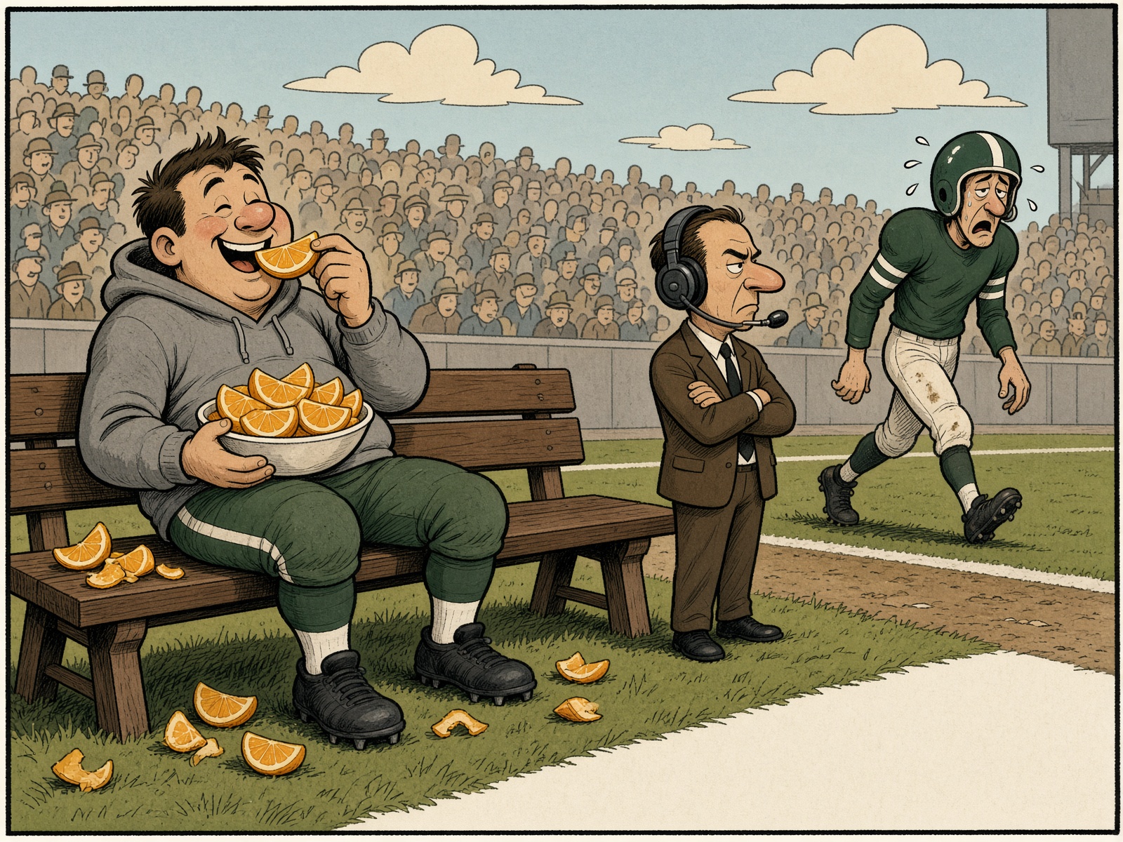 Cartoon of a benched quarterback eating orange slices