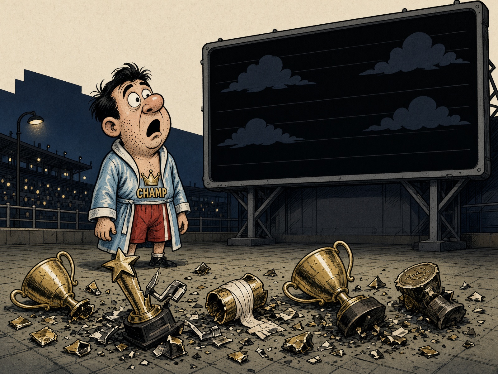 Cartoon of a stunned champion under a dark scoreboard with trophies knocked over