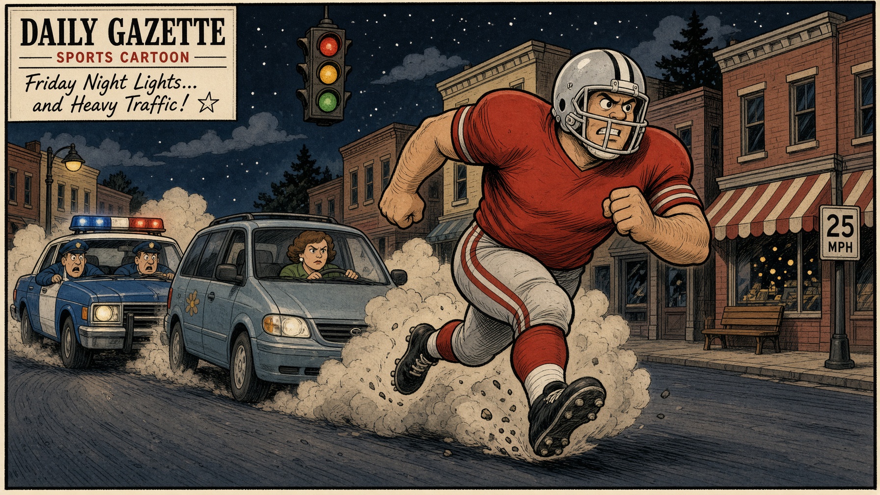 Editorial cartoon of a huge lineman sprinting through a small downtown while a mom in a minivan blocks a cop car