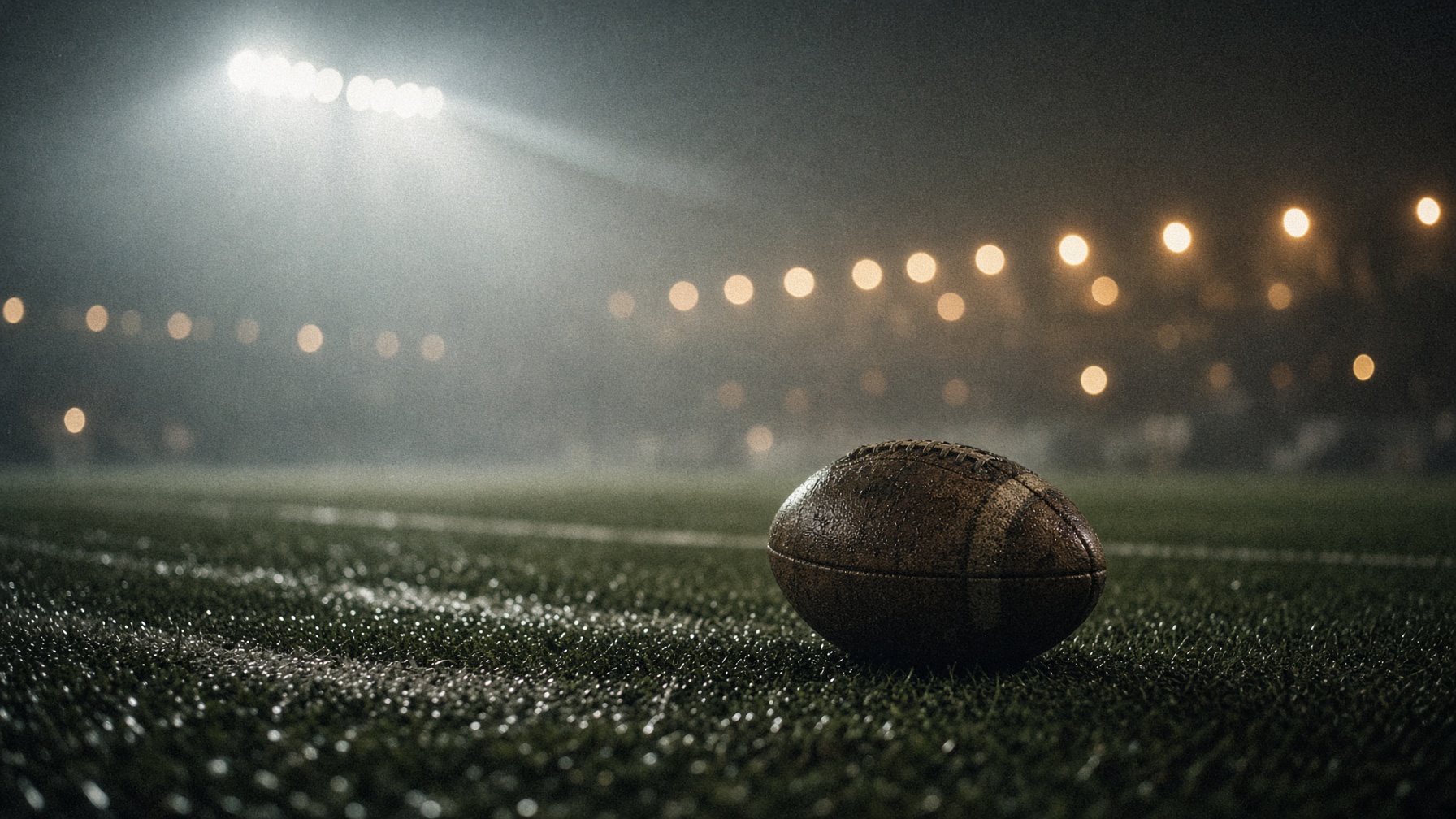 A football on wet turf under stadium lights