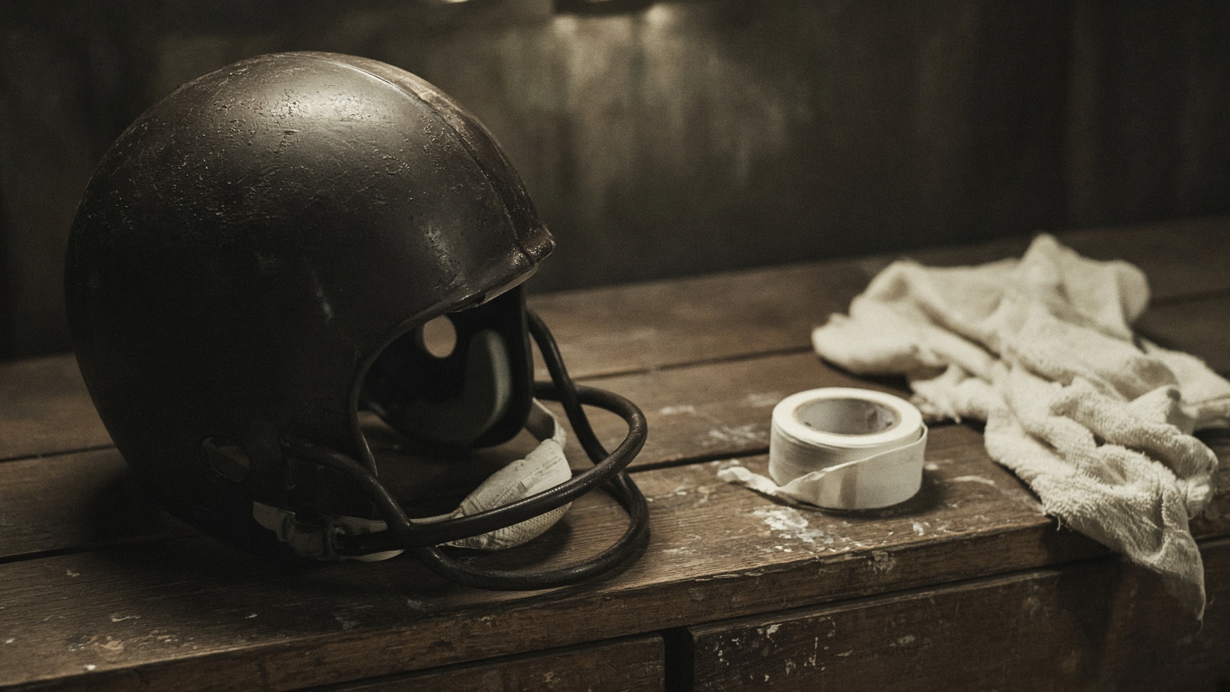 A helmet on a bench in a quiet locker room